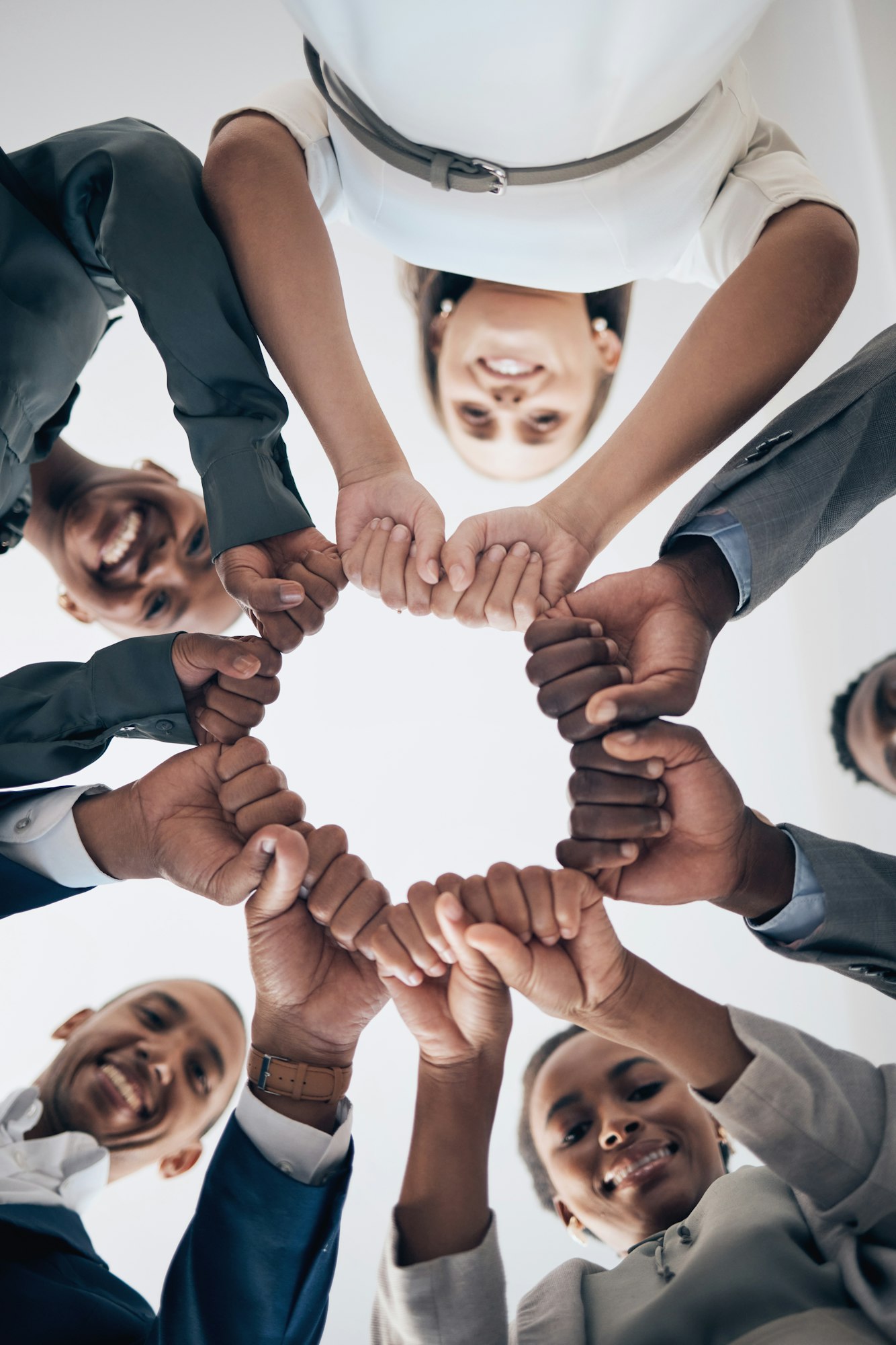 Team building, community and fist or hands for support, trust and teamwork for networking, collabor